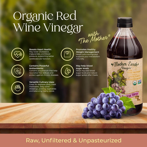 (1/16oz Mother Earth, Organic Red Wine Vinegar with The Mother, Fresh Pressed Organic Cabernet Grapes, ORWV, RWV, Raw