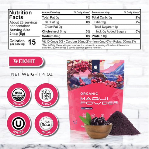 4 Oz Gourmanity Organic Maqui Berry Powder, Freeze-Dried Chilean Superfood Powder, Rich in Antioxidants and Nutrients
