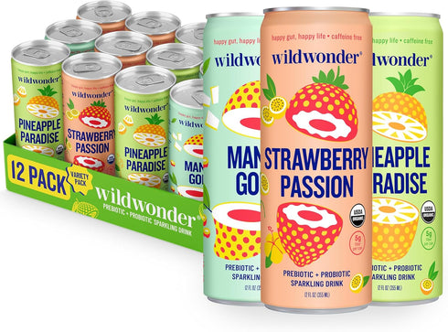 wildwonder Sparkling Probiotic Drink 12pk, For Gut Health & Immune Support, Tropical