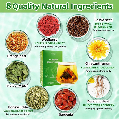 KANGLAI 15 Count Chrysanthemum Goji Berry Tea Bags - Dandelion/Cassia Seed/Gardenia, Vegan, Sugar-Free & Caffeine-Free