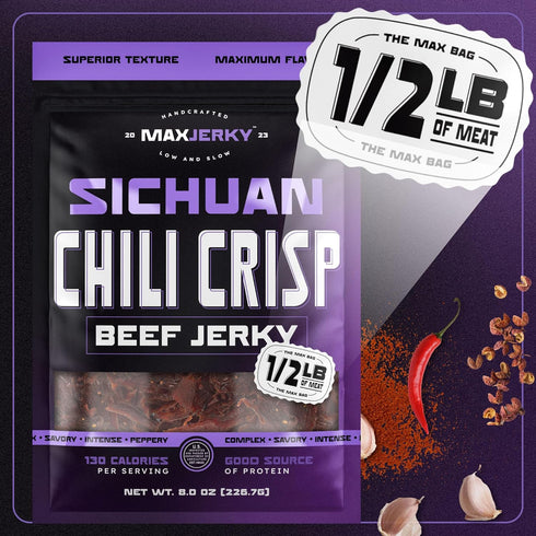104 8 OZ (2 Pack) MaxJerky Sichuan Chili Crisp Beef Jerky, Grams of Protein
