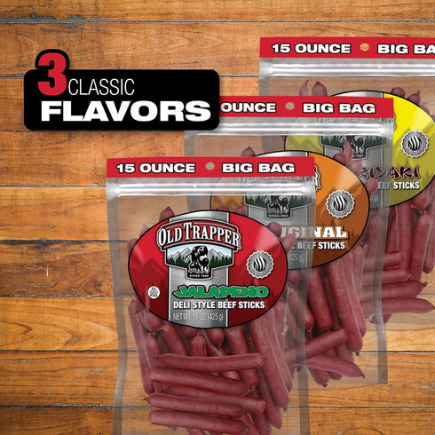 15-Ounce Package, (Pack Old Trapper Deli-Style Beef Sticks, Jalapeo Flavor, Spicy Beef Sticks, Six Grams of Protein