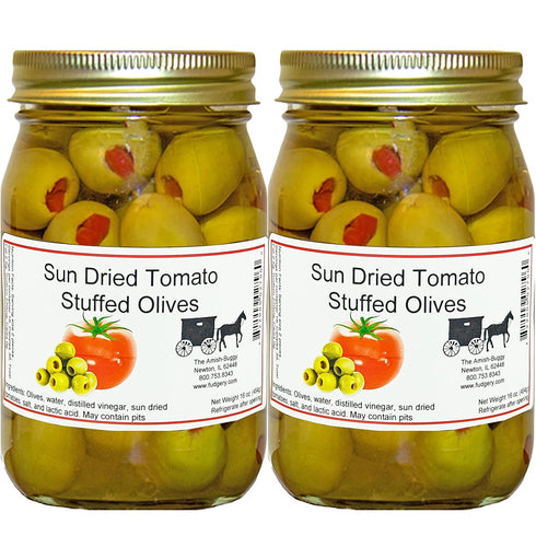 Arndts Fudgery DBA The Amish-Buggy Stuffed Large Olives - Choose Two 16 oz. Jars (Sun Dried Tomato