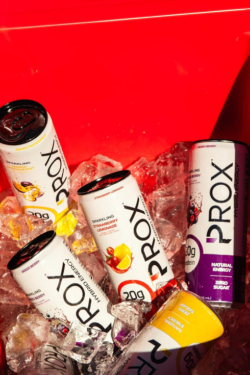 20g 200mg 90 12 Pack PROX Hybrid Energy Drink with Protein, Zero Sugar, Natural Caffeine, Calories, (Mixed Berry)