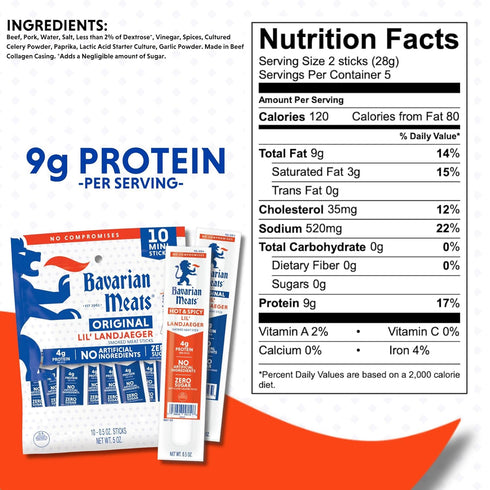 0.5 (Pack 10) Bavarian Meats Lil' Landjaeger Meat Sticks, Individually Wrapped Smoked Sausage Protein Snacks, Zero