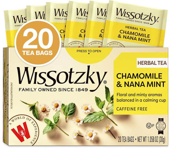 Wissotzky Chamomile Tea with Nana Mint, Herbal Tea, 20 Tea Bags, Caffeine Free
