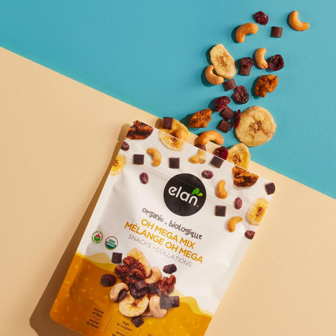 4.8 oz, Elan Organic Oh Mega Mix, Vegan Dark Chocolate, Dried Fruits (Cranberries & Banana Chips), Nuts (Chia Walnuts