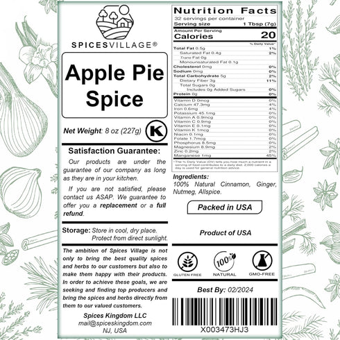 SPICES VILLAGE Apple Pie Spice - 8 oz Cinnamon, Ginger, Nutmeg, Allspice Mix, Kosher, Gluten Free, Non-GMO