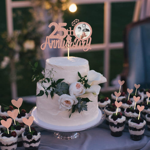 Sumerk 25th Anniversary Cake Topper, 13PCS Rose Gold Glitter Decorations Set for Wedding Celebration Party