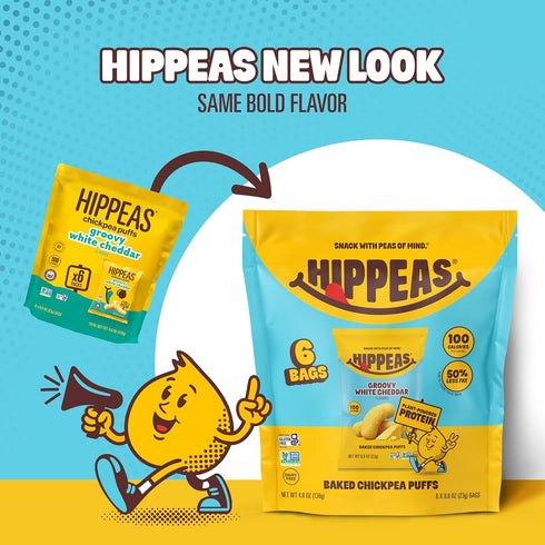 0.8oz, Pack 6, 3g 2g HIPPEAS Chickpea Puffs, Groovy White Cheddar, Gluten Free Snacks, Dairy Free, Vegan, of Protein
