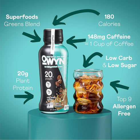 100% 12 Pack, 20g Omega-3, OWYN Vegan Plant-Based Protein Shake, Cold Brew Coffee, with Plant Protein, Prebiotic