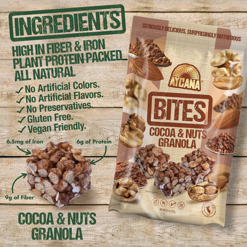 Pack, 4 Aycana Fuel & Flavor Selection Box Granola Bites Cocoa & Nuts, Dulce de Leche, Apple & Peanuts, Cinnamon