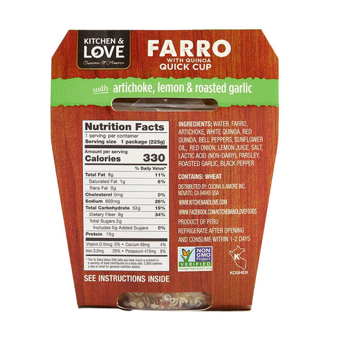 7.9 Oz (6-Pack) Kitchen & Love Cooked Farro, Artichoke Lemon & Roasted Garlic, Ready to Eat, Quick Cups, Shelf Stable