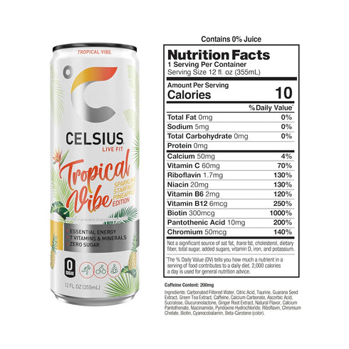 12 Oz (Pack 12) CELSIUS Sparkling Tropical Vibe, Functional Essential Energy Drink Fl