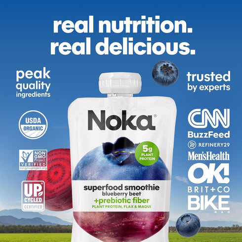 4.22 oz, 6 Count Noka Superfood Fruit Smoothie Pouches, Blueberry Beet, Healthy Snacks with Flax Seed, Plant Protein