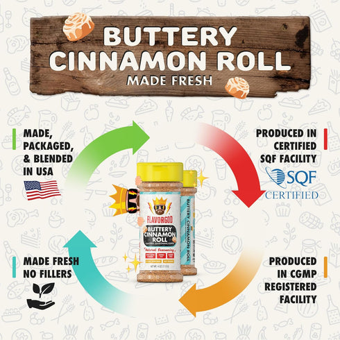 Flavor God Buttery Cinnamon Roll Seasoning Topper Mix, Natural Healthy Blend for Chocolate Donuts, Coffee, Oatmeal,
