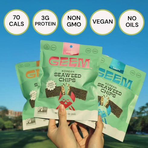 4-Pack GEEM Seaweed Snacks Korean Seaweed Chips with Rice Crisps & Sesame | Crunchy, Oil-Free Snack | Vegan, Non-GMO |