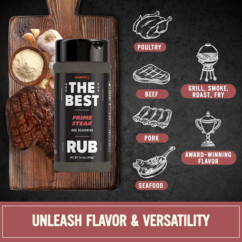 14.4 Oz Kosmos Q The Best Prime Steak Rub, Bold BBQ Meat Dry Rub & Steak Seasoning with Garlic, Onion, Spices & Smoke