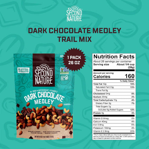 26 oz. (Pack 1) Second Nature Dark Chocolate Medley Trail Mix, Resealable Pouch of Certified Gluten-Free Snack Mix Dark