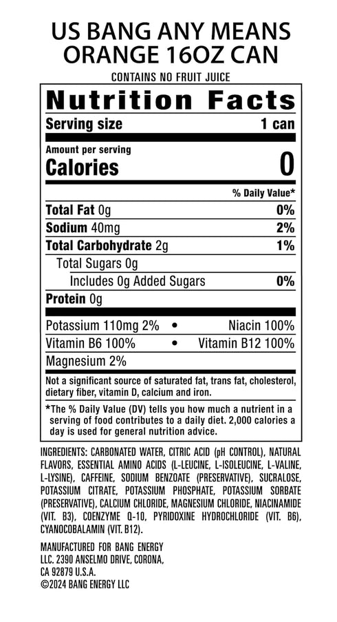 16-Ounce Pack 12 Bang Energy Any Means Orange, Sugar-Free Energy Drink, |