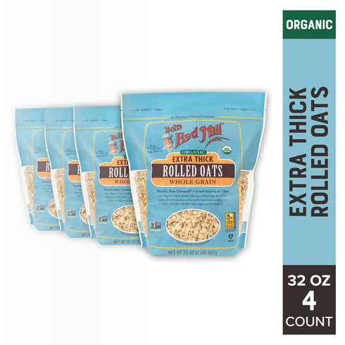 32oz (Pack 4) Bob's Red Mill Organic Extra Thick Rolled Oats, of - Non GMO, Whole Grain, Vegan, Kosher