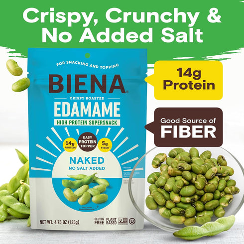 14g 3-Pack 4.75oz Biena Crispy Roasted Edamame Beans Snack Naked No Salt Low Sodium High Protein Snack for Adults