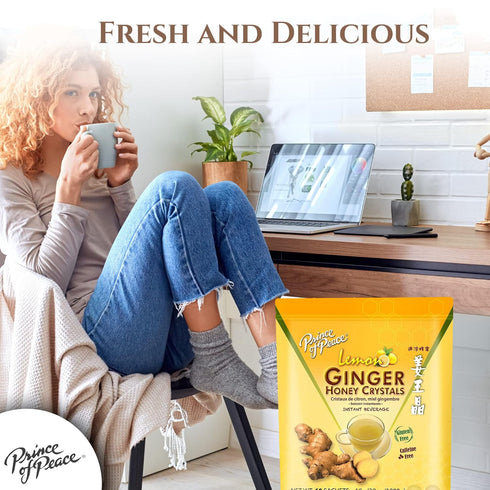 60 Prince of Peace Instant Ginger Honey Crystals with Lemon, Sachets Instant Hot or Cold Beverage Easy to Brew Drink