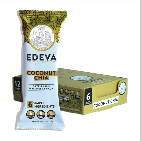 EDEVA Unsinful Pleasures Date Based Wellness Snack Barts, 2.5oz bar - 12 Count (Coconut Chia)