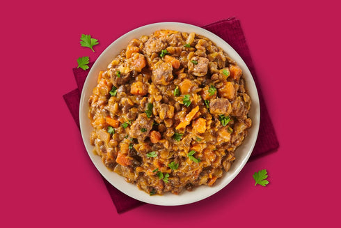7 oz (Pack 3) Miss Olives Lentil & Beef with Vegetables Ready Meal, Lower Sodium, Shelf Stable Heat & Eat Entre