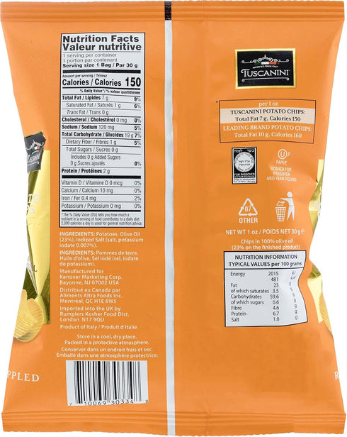 100% 1 oz (8 Pack) 30% Tuscanini Ripples Potato Chips Made with Olive Oil Less Fat, Product of Italy, Kosher for Year