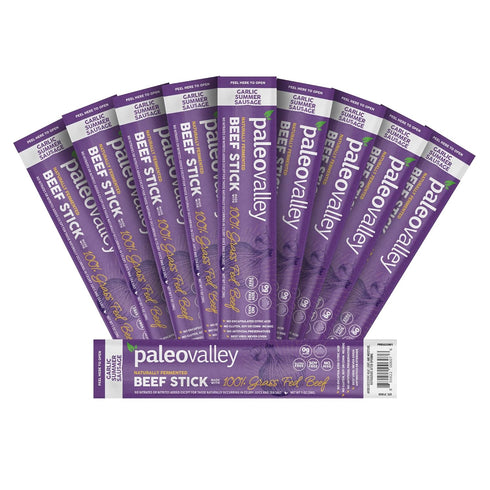 Paleovalley 100% Grass Fed Garlic Summer Sausage Beef Sticks - Delicious Gluten