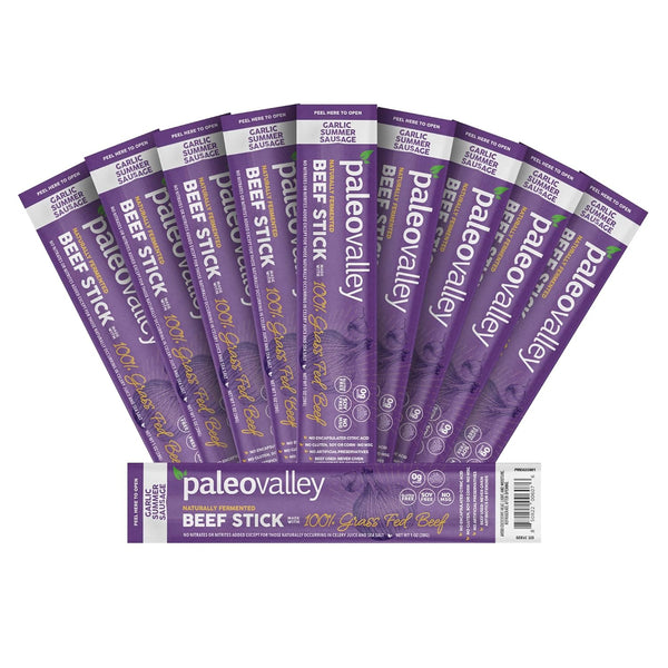 Paleovalley 100% Grass Fed Garlic Summer Sausage Beef Sticks - Delicious Gluten