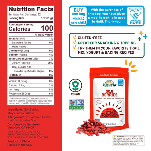 12 NATIERRA Goji Berries, Non-GMO & Vegan, Gluten-Free, No Sugar Added, Ounce