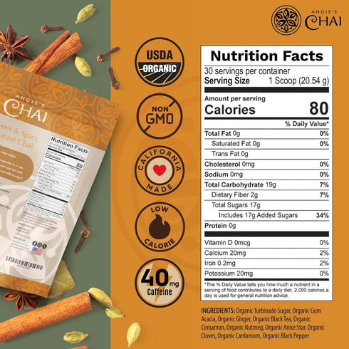 30 80 Angie's Chai Sweet & Spicy Organic Instant Chai Tea Powder - Made in USA, Delicious Spiced Chai Powder Mix
