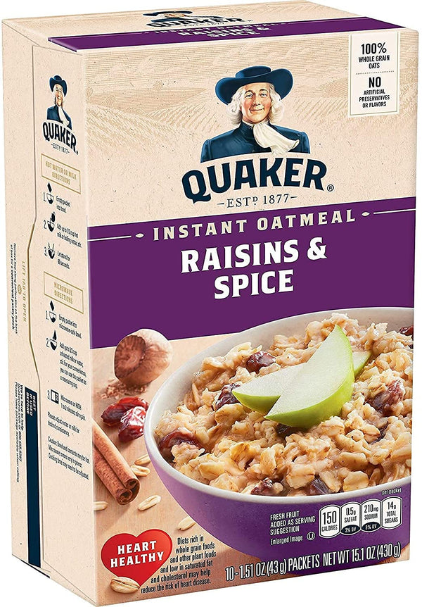 Quaker Instant Oatmeal, Raisin & Spice, Breakfast Cereal, 10 count , 1.51