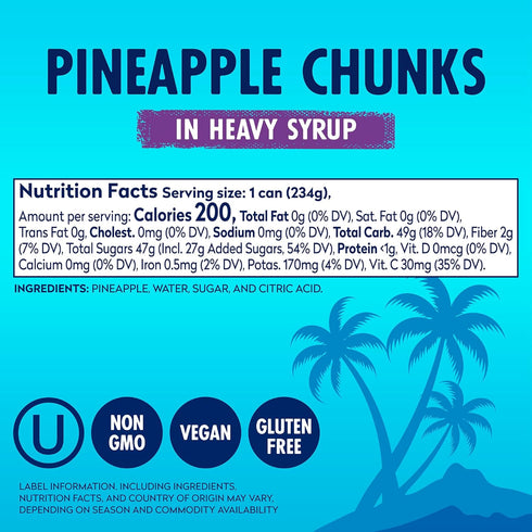 8.25 oz 12 Pack Dole Pineapple Chunks in Heavy Syrup - Dole Canned Fruit - Rich Source of Vitamin C - Cans