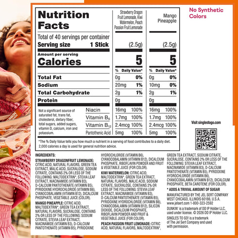 packets, 40 Pack, 40 Packets (40 Dunkin Zero Sugar Refreshers Singles To Go! Powdered drink mix Ct Variety Single serve