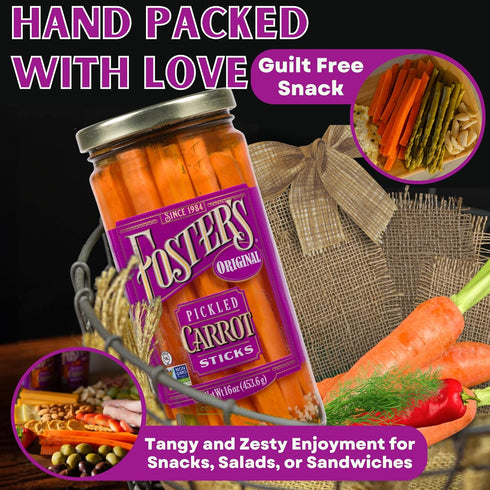 16oz, 2 Pack, 40 Foster's Pickled Carrots in a Jar, Original, Traditional Pickled Carrot Sticks Recipe for over years
