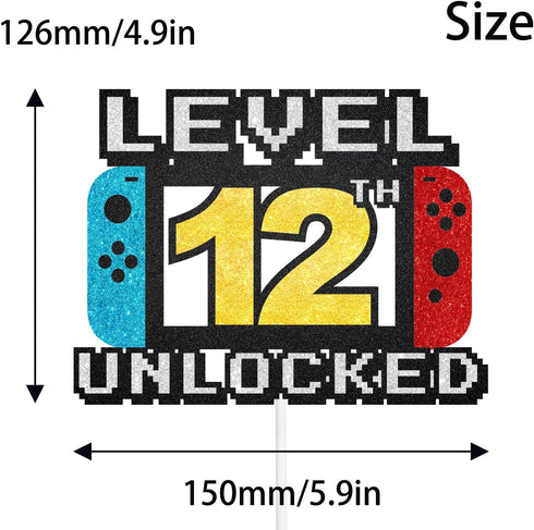 Level 12th Unlocked Cake Topper - Level 12th game Sign Theme Party Decorations 12th Birthday Level Up Cake Decorations for Video Game Themed Kids Boy Girl Party Supplies