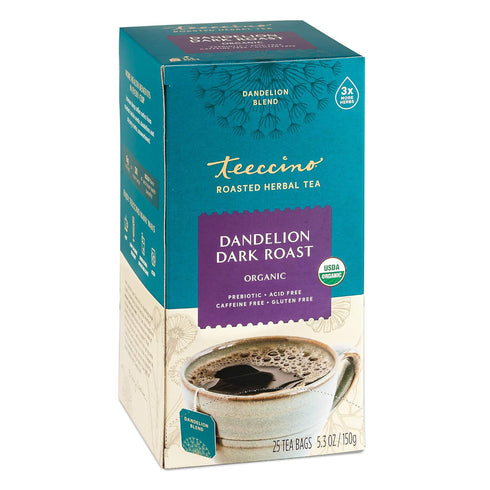 Teeccino Dandelion Herbal Tea, Dark Roast, 25 Tea Bags, Caffeine Free, Prebiotic