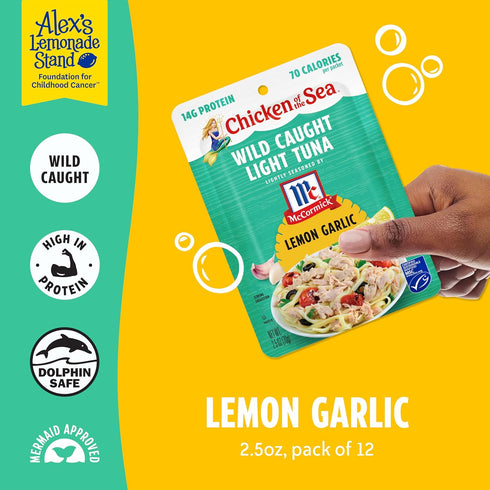 2.5 Packets, 12-Count Chicken of the Sea Lightly Seasoned Lemon Garlic Wild Caught Light Tuna, Ounce McCormick Flavored