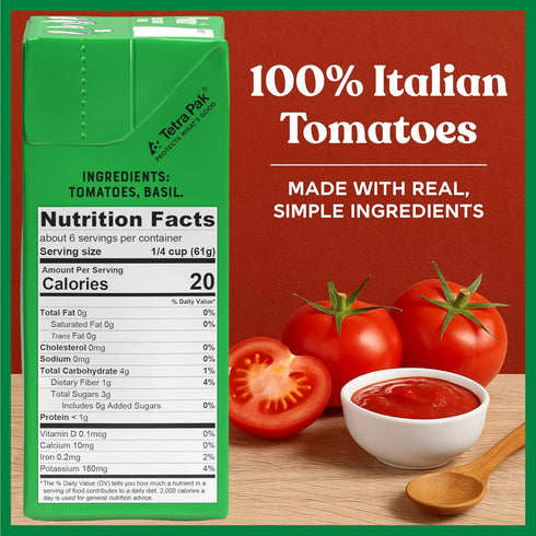 100% 13.8oz (Pack 12) Pom Crushed Tomatoes with Basil - Creamy, Velvety Italian Sauce, No Salt