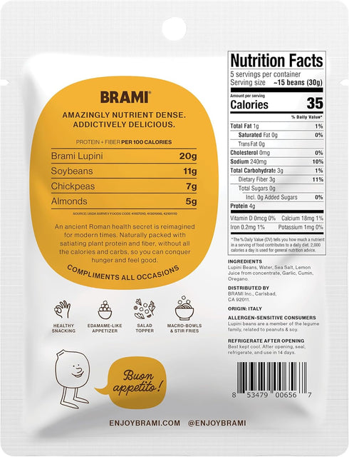 BRAMI 7g 0g 5.3 (8 Count) Lupini Beans Snack, Mediterranean Medley | Plant Protein, Net Carbs | Vegan, Vegetarian