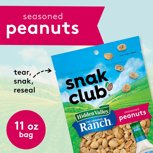 11 oz Snak Club Peanuts with Hidden Valley Ranch Seasoning, Roasted Nuts, Gluten-Free and Kosher Snack, Resealable Bag