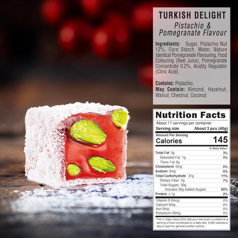 16oz (Pack 1), Hazer Baba Turkish Delight Pistachio Candy, Pomegranate Flavored, of Gourmet Snack Box, Traditional