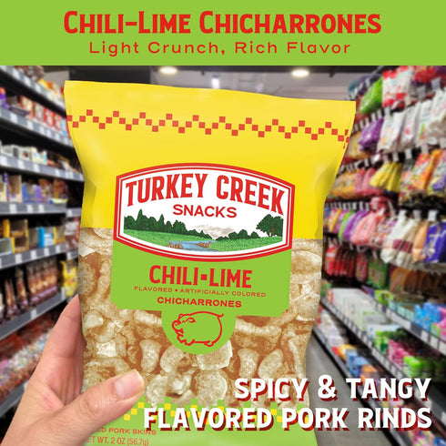 2oz (Pack 12) Turkey Creek Chili Lime Chicharrones, Fried Pork Rinds - Chili Lime Flavored Pork Skins - Low Carb