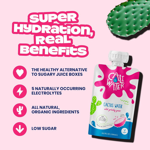 10 24 Count Caliwater - Kids Organic Cactus Water Pouches - Prickly Pear - Calories - Natural Plant Based Hydration