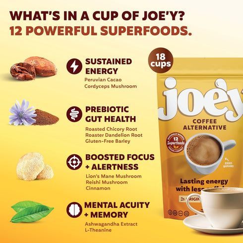 18 Joey Mushroom Coffee Alternative with Cacao Dandelion Root, and Chicory, Instant Mushroom Coffee Substitute