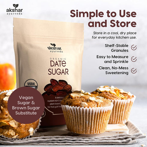 100% (0.55 lb) AKSHAR Ayurveda - Organic Date Sugar, Raw Organic Sugar Alternative for Baking and Desserts High Fiber