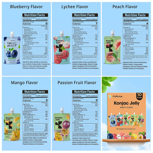 10 Pack Pack, 10 Hethstia Konjac Noodle Variety and Konjac Jelly Variety Drinkable Jelly Pouches Lychee, Blueberry